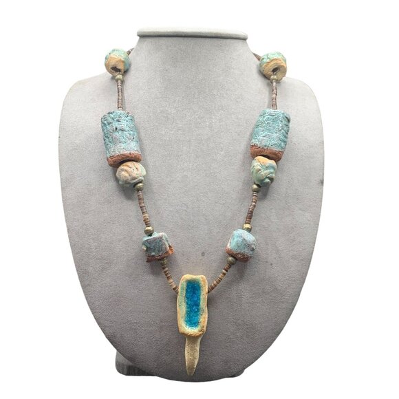 Ethnic Clay Necklace Heishi Beads Painted Rock Boho Style Unusual One of A Kind - Picture 1 of 6